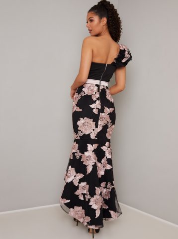 Chi Chi Neelam Floral Mermaid One Shoulder Dress Pink Blush Black