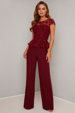 Chi Chi Nuala Lace Peplum Jumpsuit Merlot Berry Red