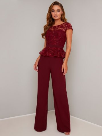 Chi Chi Nuala Lace Peplum Jumpsuit Merlot Berry Red