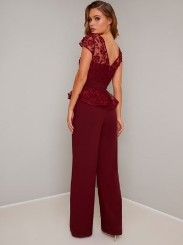 Chi Chi Nuala Lace Peplum Jumpsuit, Merlot/Berry Red - Image 2