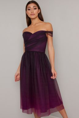 Chi Chi Tyra Tulle Short Bardot Bridesmaid Dress Purple