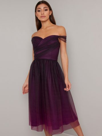 Chi Chi Tyra Tulle Short Bardot Bridesmaid Dress Purple