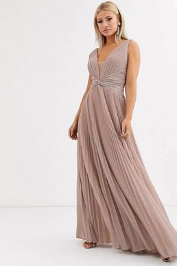 Forever Unique pleated plunge maxi dress in rose pink blush