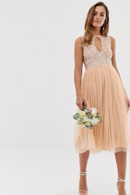 Maya Bridesmaid delicate sequin midi skater dress with keyhole detail in soft peach