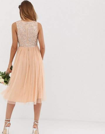 Maya Bridesmaid delicate sequin midi skater dress with keyhole detail in soft peach