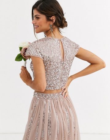 Maya Bridesmaid delicate sequin top co ord in taupe blush - Image 2