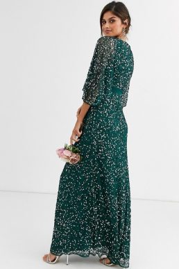 Maya Bridesmaid delicate sequin wrap maxi dress in green