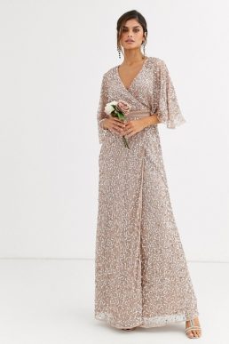 Maya Bridesmaid delicate sequin wrap maxi dress in taupe blush