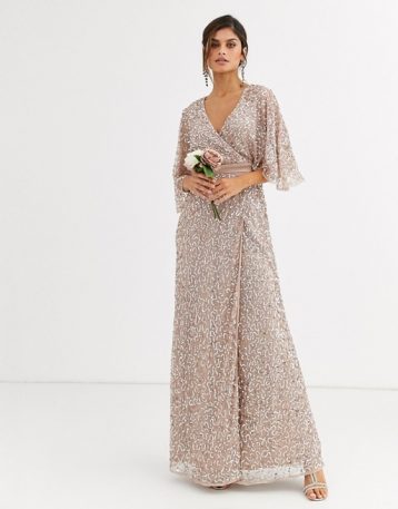 Maya Bridesmaid delicate sequin wrap maxi dress in taupe blush