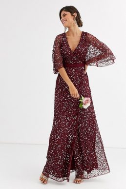 Maya Bridesmaid delicate sequin wrap maxi dress in wine red