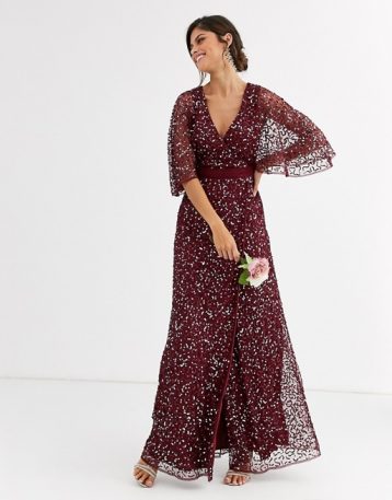 Maya Bridesmaid delicate sequin wrap maxi dress in wine red