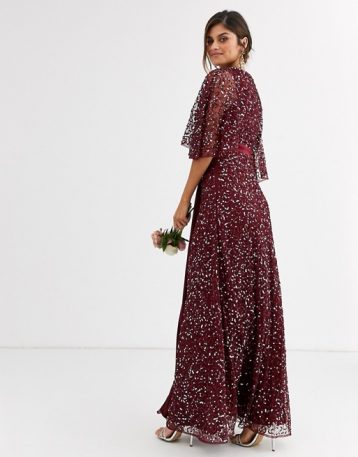 Maya Bridesmaid delicate sequin wrap maxi dress in wine red - Image 2