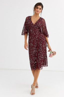 Maya Bridesmaid delicate sequin wrap midi dress wine red