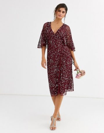 Maya Bridesmaid delicate sequin wrap midi dress wine red