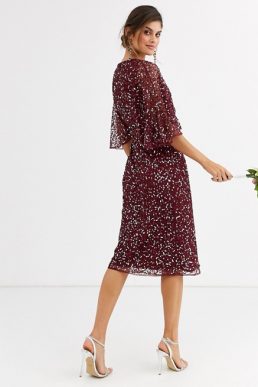 Maya Bridesmaid delicate sequin wrap midi dress wine red