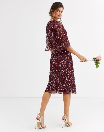 Maya Bridesmaid delicate sequin wrap midi dress wine red