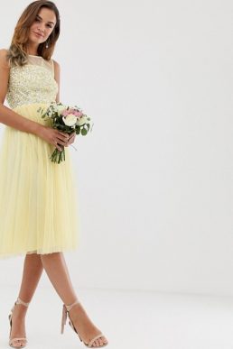 Maya Bridesmaid mesh top delicate sequin midi dress in lemon yellow