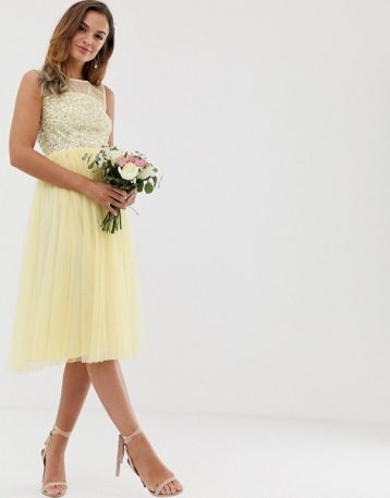 Maya Bridesmaid mesh top delicate sequin midi dress in lemon yellow