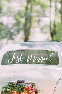 White Script Just Married Car Sticker