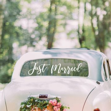 White Script Just Married Car Sticker