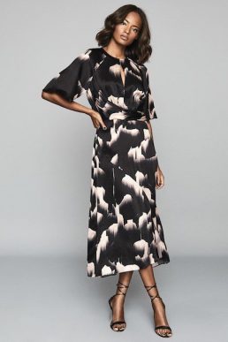 Reiss Arlo Half Sleeve Print Midi Dress Black White