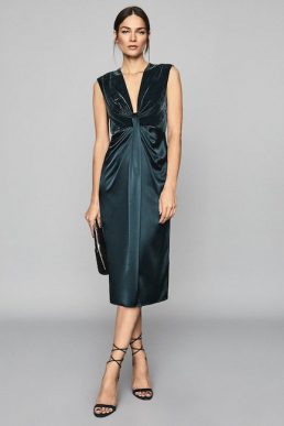 Reiss Livvy Plunge Neckline Midi Dress Teal Blue Green