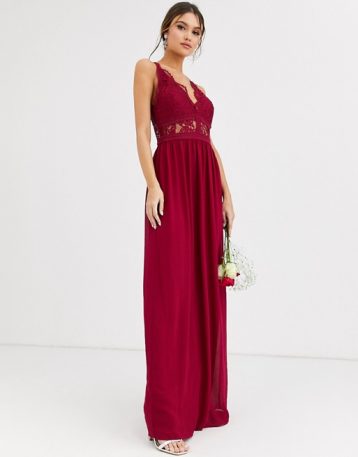 TFNC Bridesmaid halter neck maxi dress with lace inserts in mulberry red