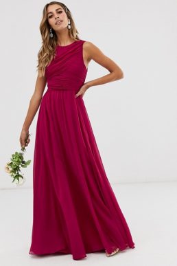 ASOS DESIGN Bridesmaid maxi dress with soft pleated bodice Dark Pink