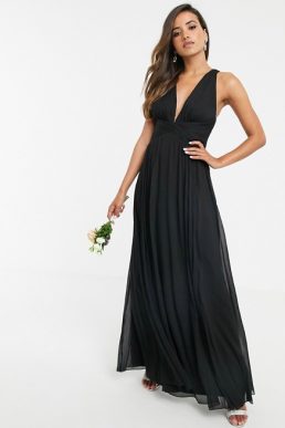 ASOS DESIGN Bridesmaid ruched bodice drape maxi dress with wrap waist Black
