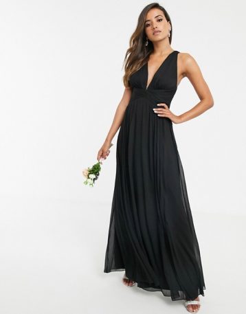 ASOS DESIGN Bridesmaid ruched bodice drape maxi dress with wrap waist Black
