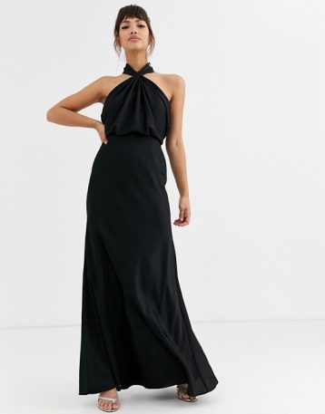 ASOS EDITION ruched halter neck maxi bridesmaid dress Black