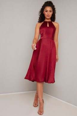 Chi Chi Amee Pleated Shirt Halter Dress Burgundy