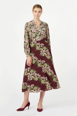 Hobbs Silk Botanic Floral Sleeve Midi Dress Mulberry Multi