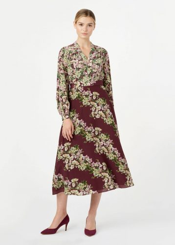 Hobbs Silk Botanic Floral Sleeve Midi Dress Mulberry Multi