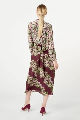 Hobbs Silk Botanic Floral Sleeve Midi Dress Mulberry Multi