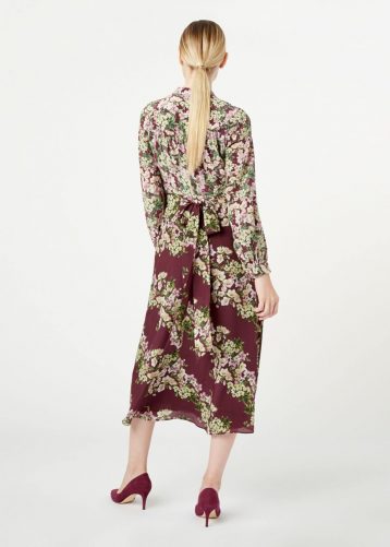 Hobbs Silk Botanic Floral Sleeve Midi Dress Mulberry Multi