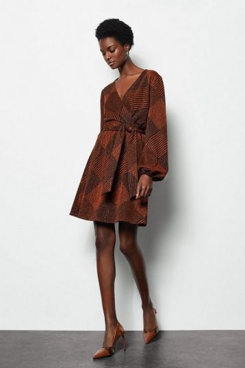 Karen Millen Jacquard Wrap Knitted Dress Dark Red Rust