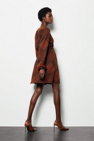 Karen Millen Jacquard Wrap Knitted Dress, Dark Red/Rust - Image 2