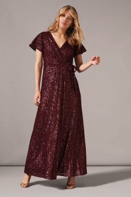 Phase Eight Amily Sequin Wrap Maxi Dress Burgundy Dark Red