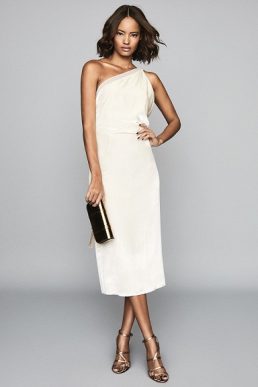 Reiss Eden One Shoulder Satin Dress Ivory