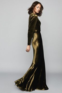 Reiss Klara Velvet Plunge Neckline Maxi Dress Khaki Green