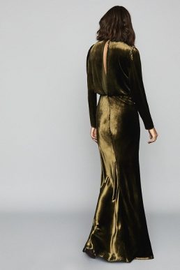 Reiss Klara Velvet Plunge Neckline Maxi Dress Khaki Green
