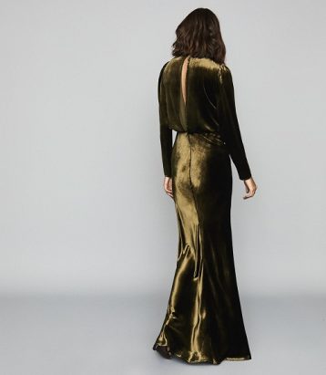 Reiss Klara Velvet Plunge Neckline Maxi Dress Khaki Green
