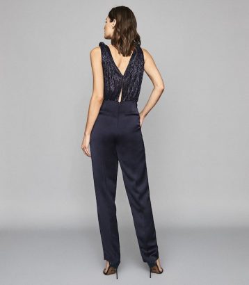 Reiss Margot Satin Sequin Jumpsuit, Navy Blue/ Metallic - Image 2