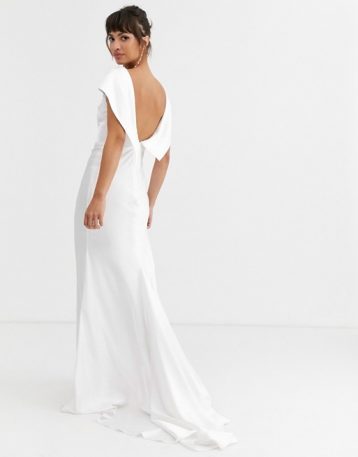 ASOS EDITION off shoulder maxi wedding dress with drape back detail Ivory