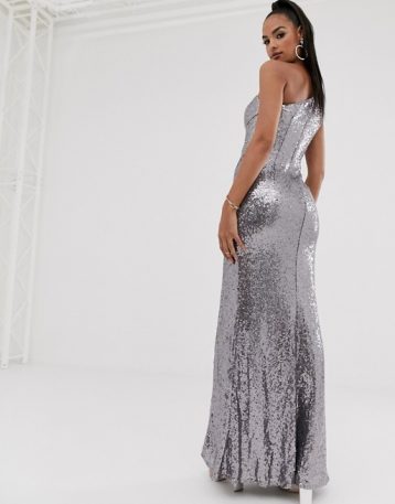 Bariano one shoulder sequin gown with thigh split in silver