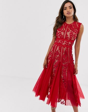 Bronx & Banco saba maroon lace midi dress, Maroon Red - myonewedding.co.uk