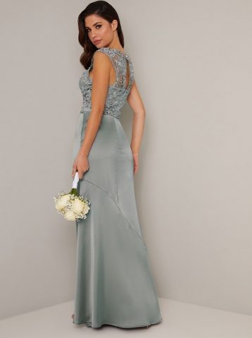 Chi Chi Abbilee Lace Maxi Bridesmaid Dress, Green/Silver - Image 2