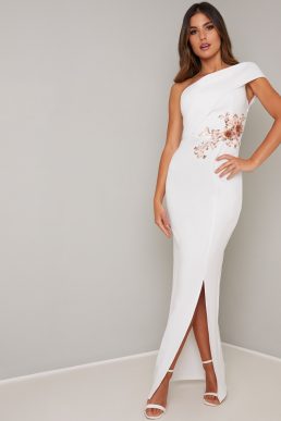 Chi Chi Daenerys One Shoulder Floral Embroidered Maxi Dress White