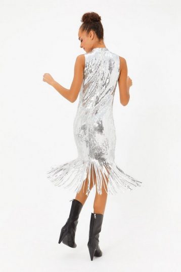 Coast Fringed Hem Sleeveless Sequin Dress, Silver - Image 2